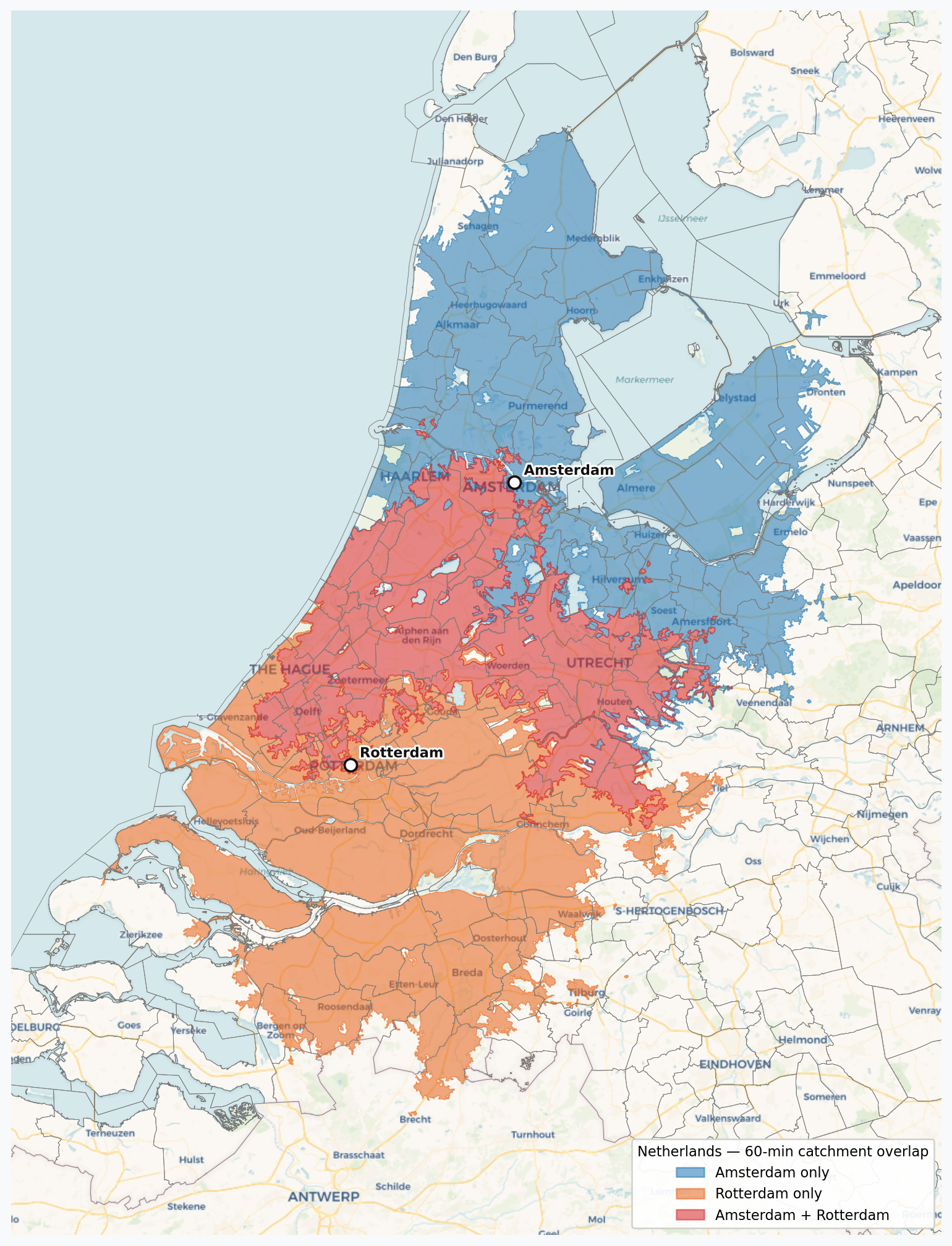 Amsterdam-Rotterdam 60-minute catchment overlap map