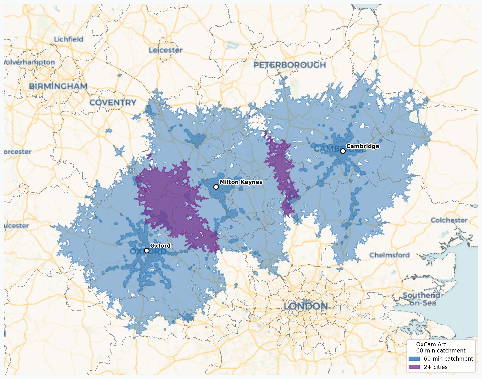 OxCam 60-minute catchment overlap map