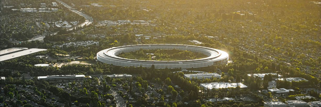 Apple Park and the surrounding low-rise sprawl of Cupertino, in California's Bay Area